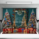 Aperturee - Aperturee Elegant Christmas Mirror Photography Backdrop Red and Blue Ornaments with Garland Classic Holiday Photo Background
